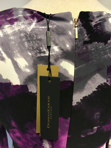BRAND NEW DONNA KARAN PURPLE PRINT TWIST FRONT LONG SLEEVE DRESS SIZE UK 8