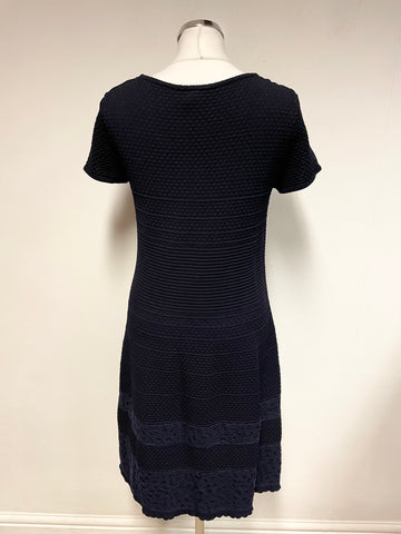 MARCCAIN NAVY KNIT LACE TRIMMED CAP SLEEVE A LINE DRESS SIZE 4 UK 14