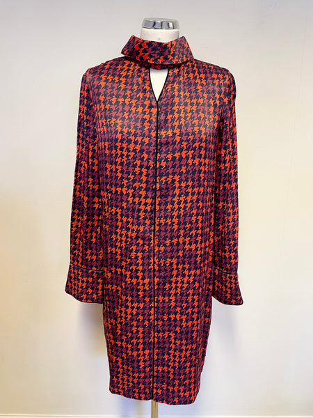 BRAND NEW JAEGER RED & NAVY BLUE PRINT LONG SLEEVE SHIFT DRESS SIZE 12
