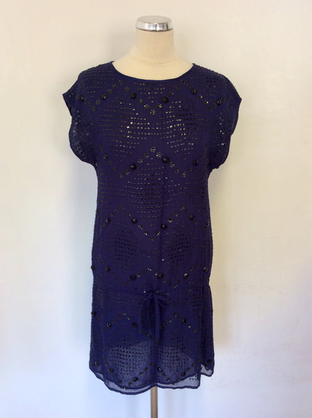 WHISTLES BLUE & BLACK BEADED & SEQUINNED EMBELISHMENT SHIFT DRESS SIZE 10