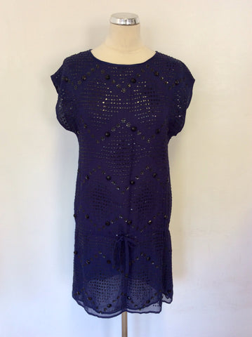 WHISTLES BLUE & BLACK BEADED & SEQUINNED EMBELISHMENT SHIFT DRESS SIZE 10