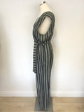 MADE IN ITALY GREEN & NAVY STRIPE LINEN WIDE LEG JUMPSUIT SIZE L