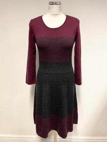 JIGSAW BURGUNDY & GREY WOOL BLEND FIT & FLARE KNIT DRESS SIZE S