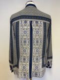 MASSIMO DUTTI BLUE PATTERNED LONG SLEEVE COLLARLESS BLOUSE SIZE 38 UK 10