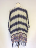 RINO & PELLE BLUE,IVORY & RED PRINT BEADED FRINGED OVER TOP ONE SIZE