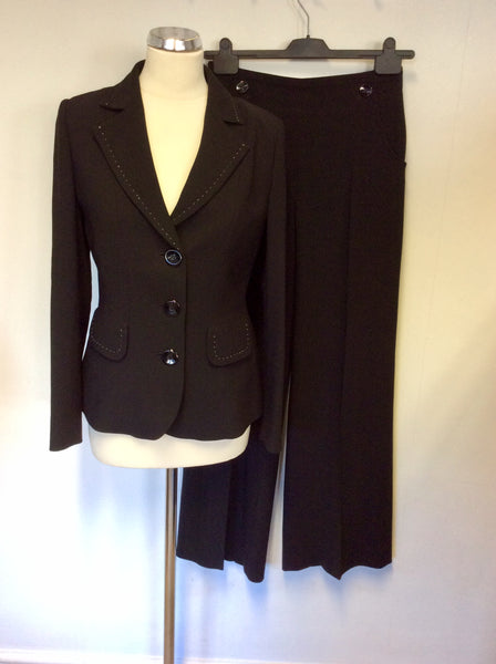 HOBBS BLACK & WHITE STITCH TRIM WOOL TROUSER SUIT SIZE 10