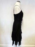 KAREN MILLEN BLACK SILK WITH EMERALD & DIAMANTE TRIM STRAPPY HANDKERCHIEF HEM DRESS SIZE 10