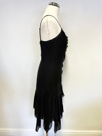 KAREN MILLEN BLACK SILK WITH EMERALD & DIAMANTE TRIM STRAPPY HANDKERCHIEF HEM DRESS SIZE 10