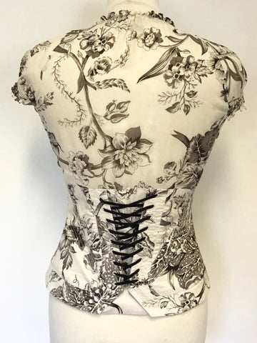 KAREN MILLEN CREAM & GREY PRINT CAP SLEEVE LACE UP BACK COTTON TOP SIZE 10