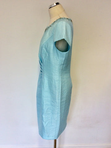 PRÉCIS AQUA BEADED NECKLINE PENCIL DRESS & BOLERO JACKET SIZE 14/16