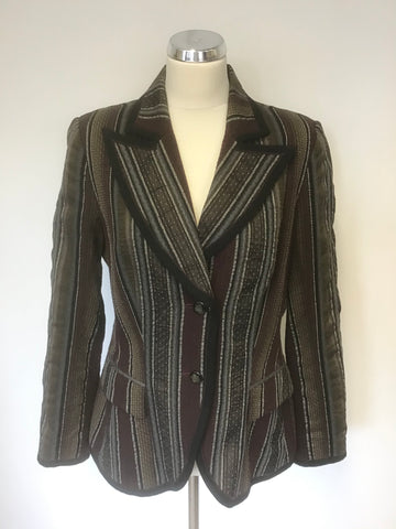 PERUVIAN CONNECTION BURGUNDY MULTI COLOURED STRIPE COTTON BLEND JACKET SIZE 16