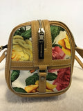 KAREN MILLEN FLORAL ROSE PRINT COTTON & TAN LEATHER TRIM HAND BAG
