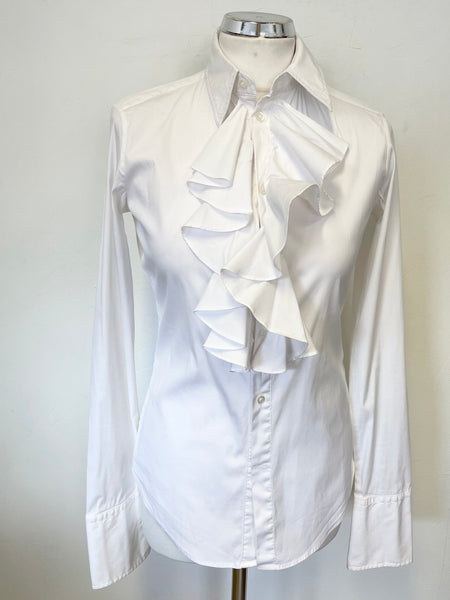 RALPH LAUREN WHITE FRILLED FRONT EXTREME SLIM FIT LONG SLEEVE SHIRT SIZE 8 UK 12