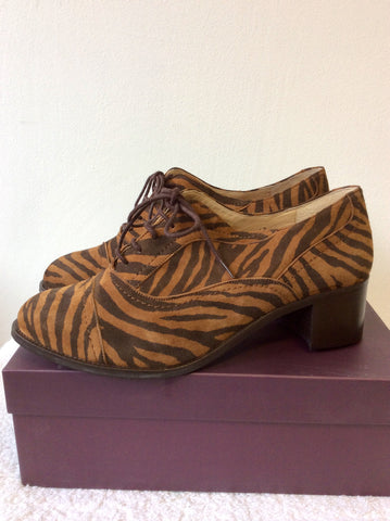 BRAND NEW DUO BROWN TIGER PRINT SUEDE LACE UP HEELS SIZE 8/42