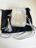 RUSSELL & BROMLEY SILVER METALLIC ROWLOW LEATHER CROSS BODY BAG