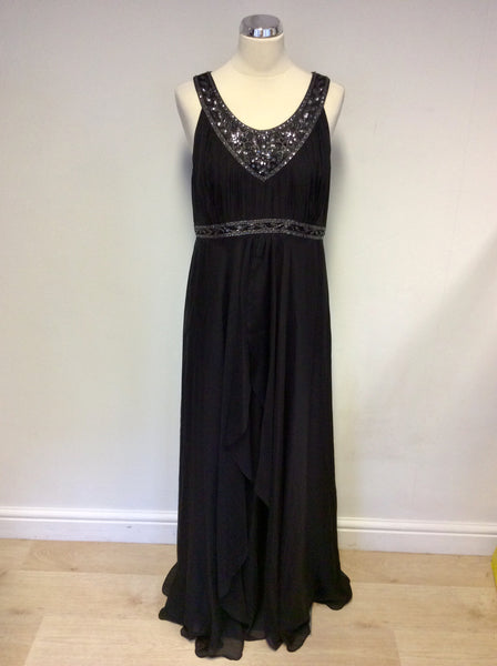 MONSOON BLACK SILK EMBROIDERED, BEADED & SEQUINNED EVENING DRESS SIZE 16