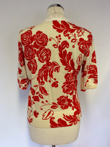 PHASE EIGHT CREAM & RED FLORAL PRINT SHORT SLEEVE CARDIGAN SIZE 14
