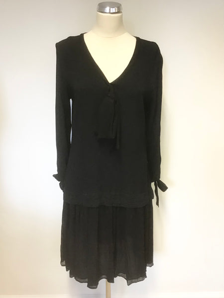 GHOST BLACK V NECKLINE LONG SLEEVE DROP WAISTED DRESS SIZE M