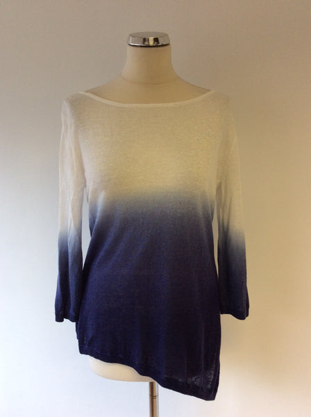 MINT VELVET BLUE & WHITE OMBRÉ ASYMETRIC HEM JUMPER SIZE 12