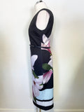 TED BAKER AVIA BLACK & FLORAL PRINT SLEEVELESS BELTED PENCIL DRESS SIZE 3 UK 12