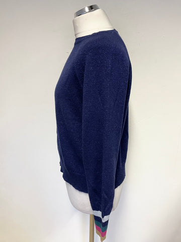 LUELLA BLUE METALLIC GLITTER LONG SLEEVE MULTI STRIPE CUFF JUMPER SIZE L