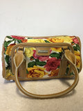 KAREN MILLEN FLORAL ROSE PRINT COTTON & TAN LEATHER TRIM HAND BAG