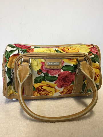 KAREN MILLEN FLORAL ROSE PRINT COTTON & TAN LEATHER TRIM HAND BAG