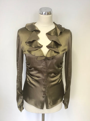 ARMANI COLLEZIONI BRONZE SILK RUCHED & FRILL V NECKLINE FITTED BLOUSE SIZE 42 UK 12