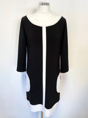 JOSEPH RIBKOFF BLACK & WHITE TRIMMED 3/4 SLEEVE SHIFT DRESS SIZE 12