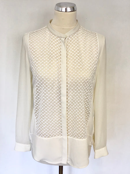 THE KOOPLES CREAM LACE FRONT LEATHER TRIM NECKLINE LONG SLEEVE BLOUSE SIZE S