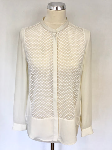 THE KOOPLES CREAM LACE FRONT LEATHER TRIM NECKLINE LONG SLEEVE BLOUSE SIZE S