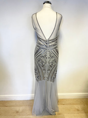 IZABEL LONDON PALE GREY & SILVER BEADED & SEQUINNED NET TRIM LONG EVENING DRESS SIZE 8
