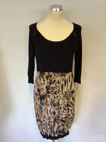 MINT VELVET BLACK KNIT & BROWN SILK PRINT DRESS SIZE 12