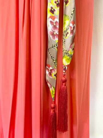 ROBERTO CAVALLI CLASS CORAL & FLORAL PRINT SATIN SASH WAIST SLEEVELESS DRESS SIZE 42 UK 10