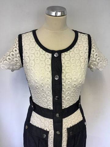 KAREN MILLEN DENIM BLUE & WHITE LACE PENCIL DRESS SIZE 10
