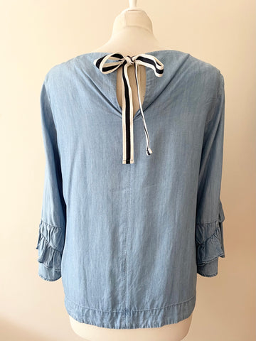 MINT VELVET LIGHT BLUE TIERED FRILL 3/4 LENGTH SLEEVE TOP SIZE 10