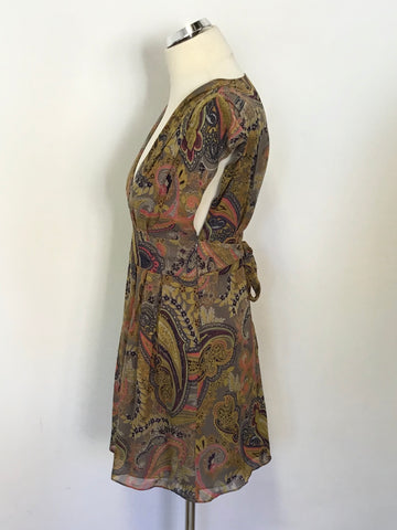 TED BAKER BROWN PAISLEY PRINT SILK SLEEVELESS FIT & FLARE DRESS SIZE 1 UK 8/10