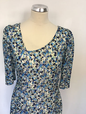 REISS RACHEL TURQOUISE,BLUE & WHITE FLORAL PRINT STRETCH SHORT SLEEVE DRESS SIZE 14