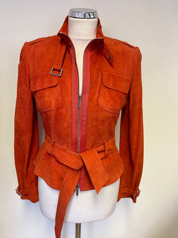 KAREN MILLEN BURNT ORANGE SUEDE ZIP UP BELTED JACKET SIZE 10