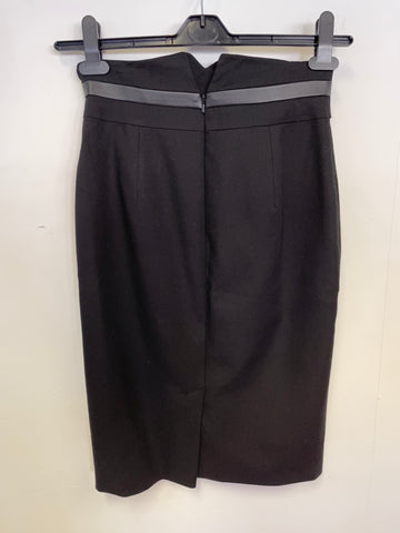 KAREN MILLEN BLACK & FAUX LEATHER TRIM PENCIL SKIRT SIZE 8