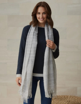 BRAND NEW THE WHITE COMPANY GREY STRIPED MERINO WOOL SCARF