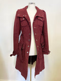 KAREN MILLEN BURGUNDY BRUSHED COTTON BELTED KNEE LENGTH COAT SIZE 10