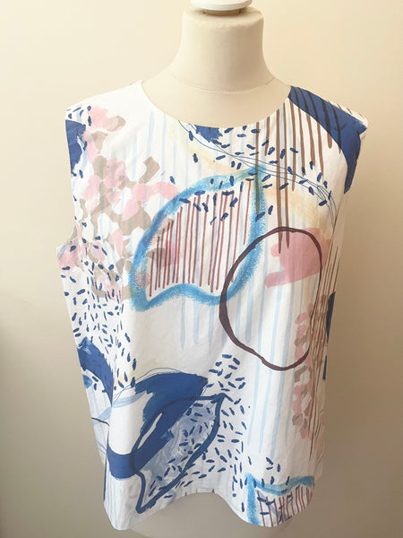 COS WHITE,BLUE & PINK PRINT COTTON SLEEVELESS TOP SIZE 42 UK 14