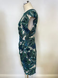 WHISTLES BLUE & GREEN LEAF PRINT SILK CAP SLEEVE SHEATH DRESS SIZE 16