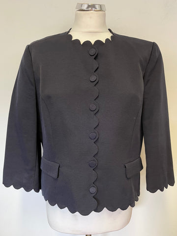 HOBBS NAVY BLUE COLLARLESS SCALLOP EDGED 3/4 SLEEVED SPECIAL OCCASION JACKET SIZE 16