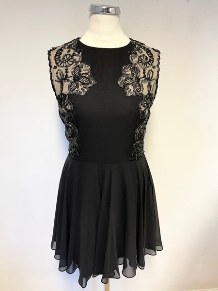 TED BAKER RUSSI BLACK & NUDE LINED MESH TRIM BEAD & SEQUIN TRIM FIT & FLARE DRESS SIZE 1 UK 8