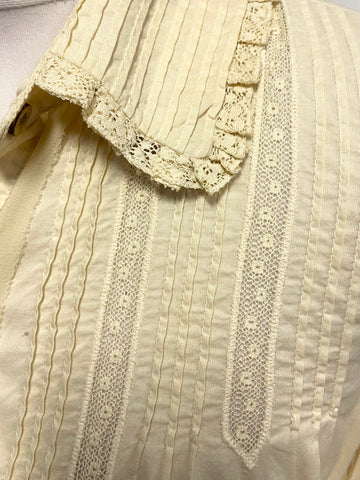 PERUVIAN CONNECTION CREAM LACE TRIMMED PIMA COTTON SMOCK BLOUSE SIZE M
