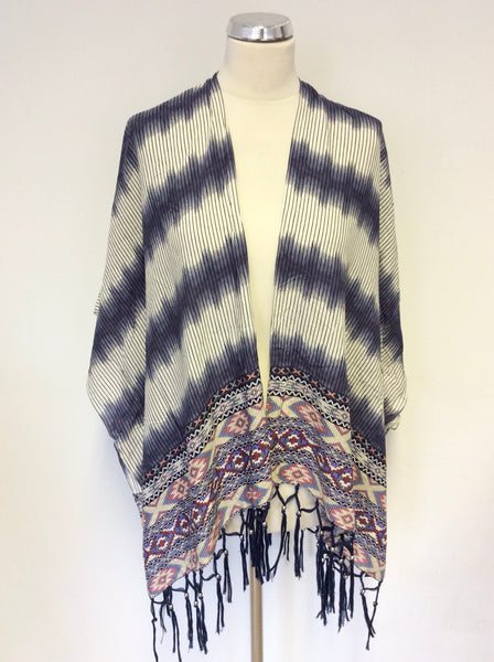 RINO & PELLE BLUE,IVORY & RED PRINT BEADED FRINGED OVER TOP ONE SIZE
