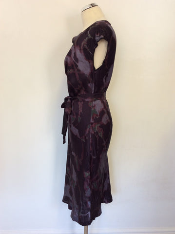 JIGSAW AUBERGINE PRINT TIE WAIST SILK SLIP DRESS SIZE 10