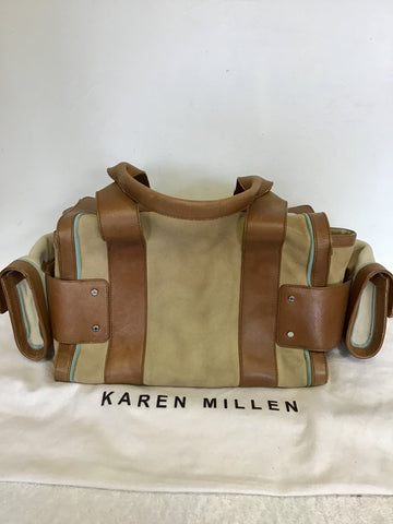 KAREN MILLEN TAN LEATHER & BEIGE,CREAM & TURQUOISE TRIM SUEDE HAND BAG